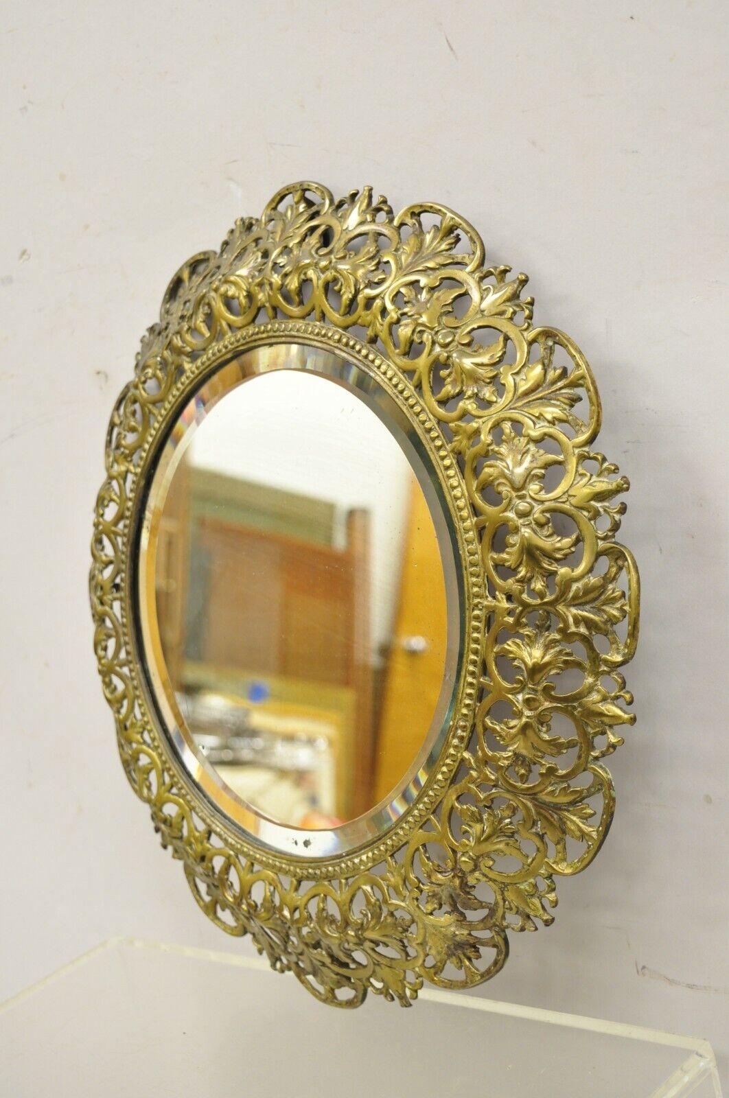 Antique French Renaissance Style Round Leafy Brass Frame Small Beveled Mirror In Good Condition For Sale In Philadelphia, PA