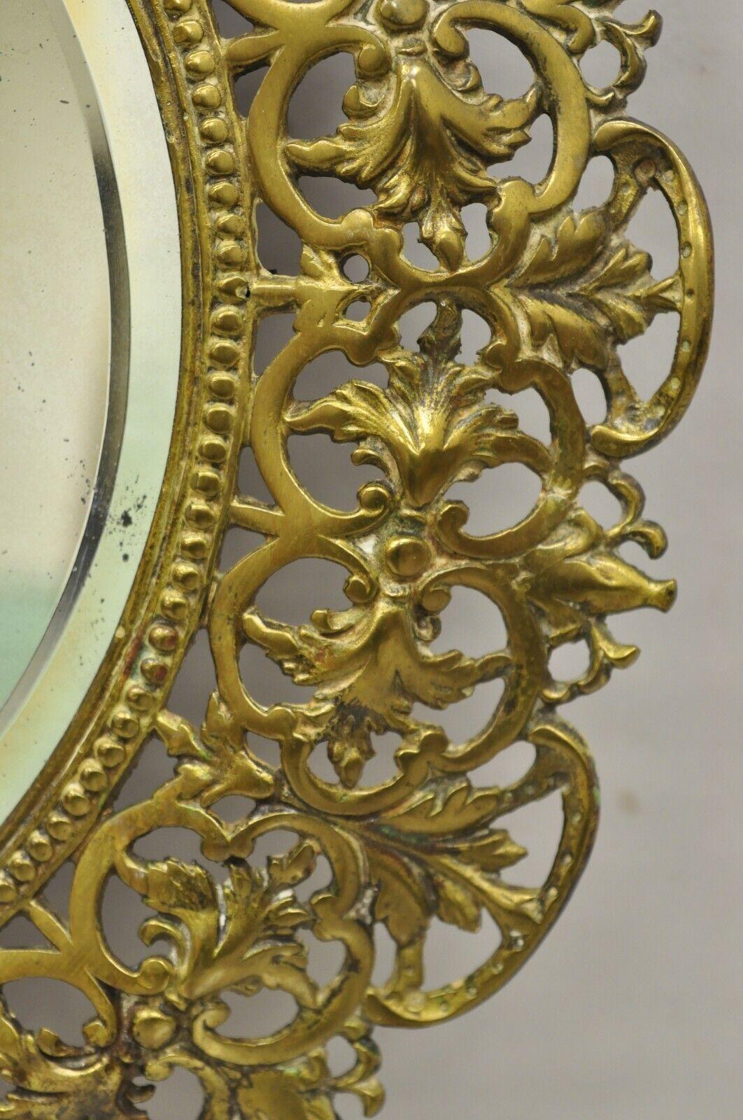 Antique French Renaissance Style Round Leafy Brass Frame Small Beveled Mirror For Sale 1