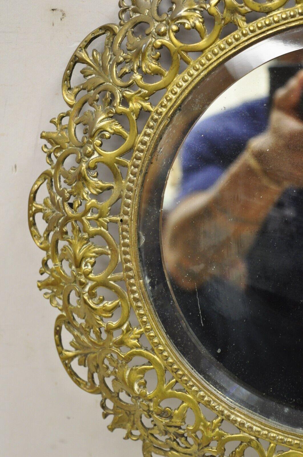 Antique French Renaissance Style Round Leafy Brass Frame Small Beveled Mirror For Sale 2