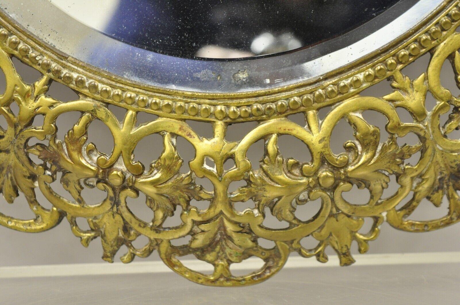 Antique French Renaissance Style Round Leafy Brass Frame Small Beveled Mirror For Sale 3