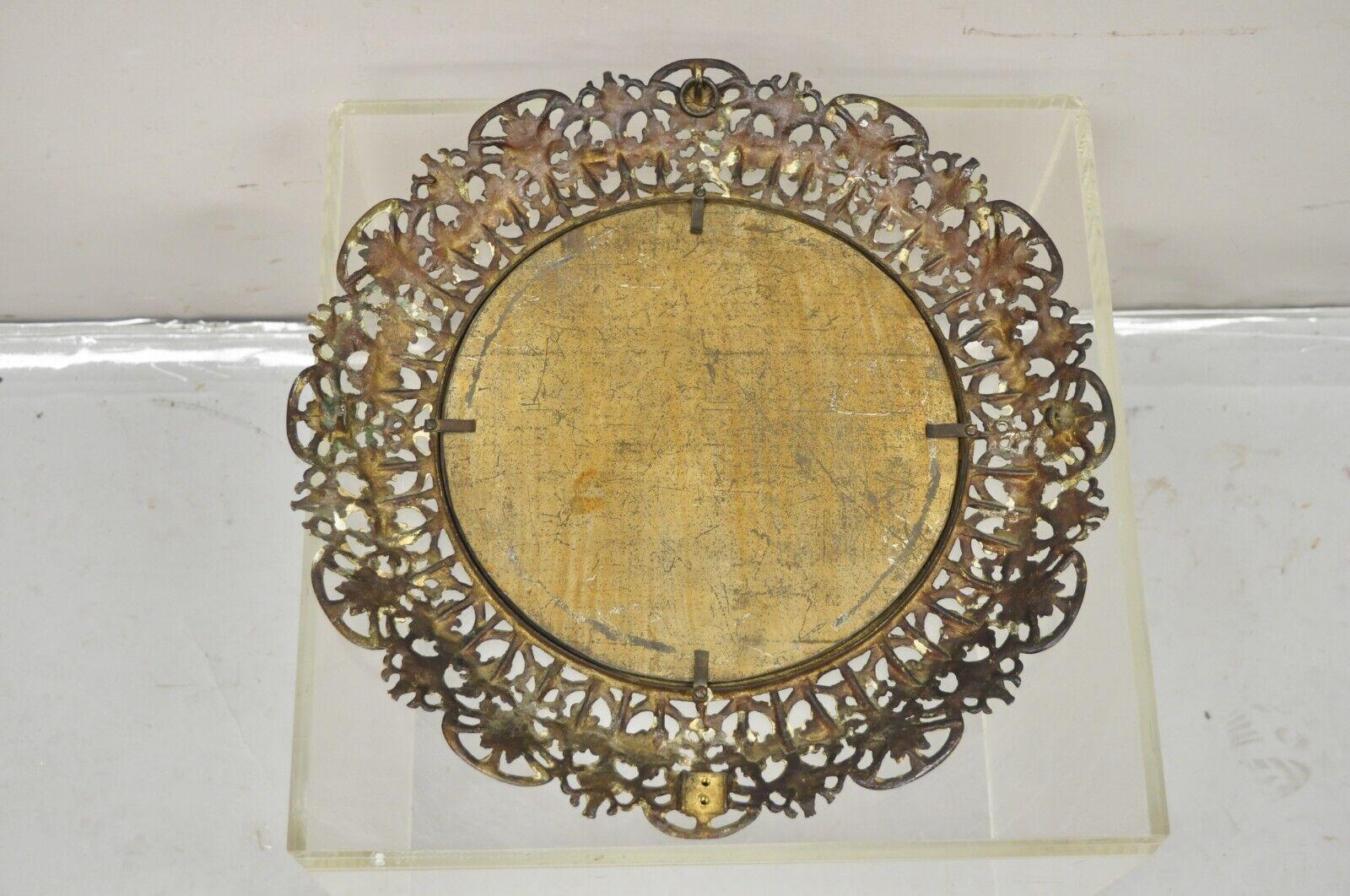 Antique French Renaissance Style Round Leafy Brass Frame Small Beveled Mirror For Sale 4
