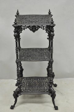 Antique French Renaissance Victorian Cast Iron Figural 3 Tier Plant Stand Table