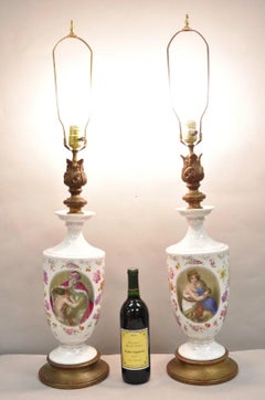 Antique French Renaissance Victorian Porcelain Urn Figural Cameo Table Lamp Pair