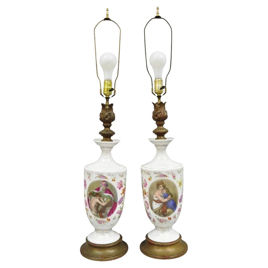 Antique French Renaissance Victorian Porcelain Urn Figural Cameo Table Lamp Pair