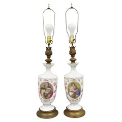 Antique French Renaissance Victorian Porcelain Urn Figural Cameo Table Lamp Pair