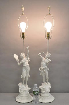 Antique French Renaissance White Painted Metal "Musicians" Table Lamps - a Pair
