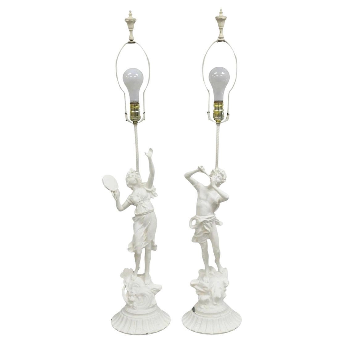 Antique French Renaissance White Painted Metal "Musicians" Table Lamps - a Pair