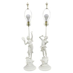 Antique French Renaissance White Painted Metal "Musicians" Table Lamps - a Pair