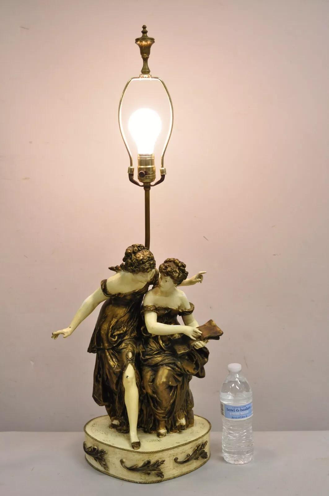 Antique French Rennaisance Moreau Figural Metal Table Lamp w/ Two Women. Circa Early 20th Century. Measurements: 34