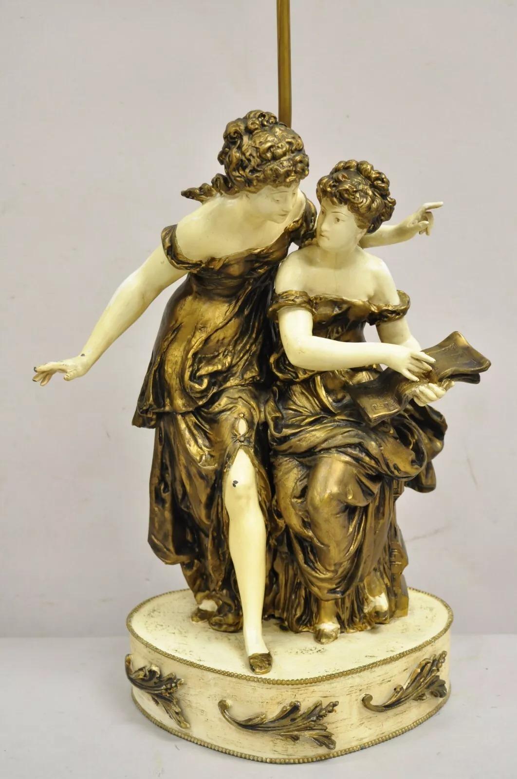 Renaissance Antique French Rennaisance Moreau Figural Metal Table Lamp w/ Two Women For Sale