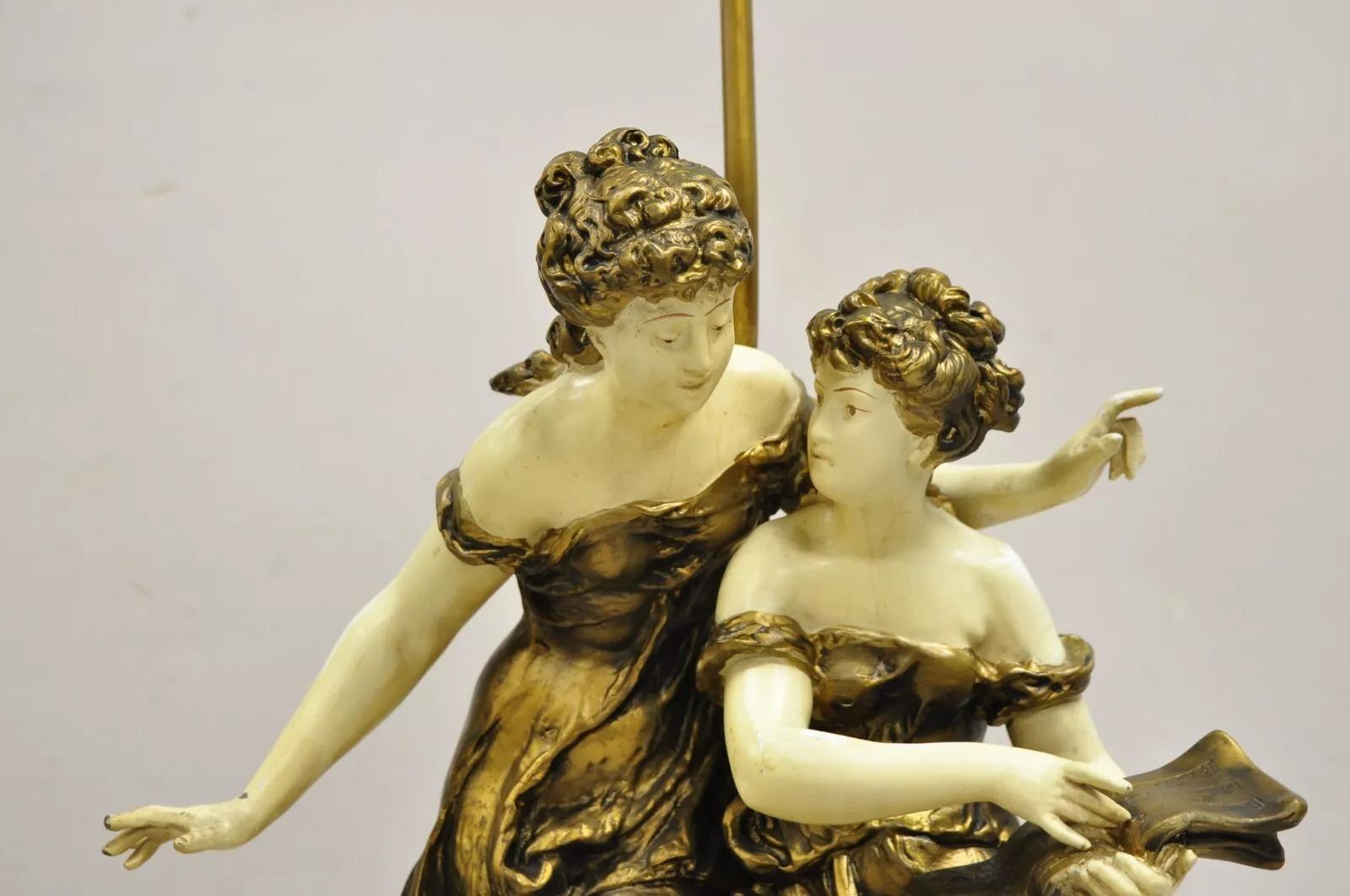 Unknown Antique French Rennaisance Moreau Figural Metal Table Lamp w/ Two Women For Sale