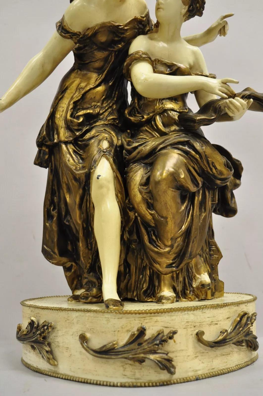 Antique French Rennaisance Moreau Figural Metal Table Lamp w/ Two Women In Good Condition For Sale In Philadelphia, PA