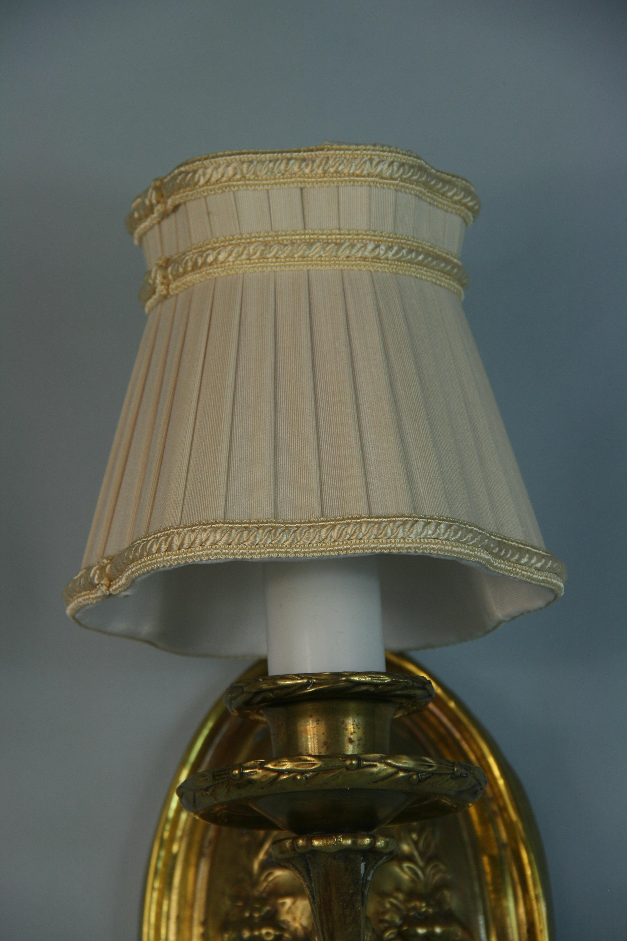 Antique French   Repousse Pair  Brass Sconces with Custom Shades, circa 1920 For Sale 2