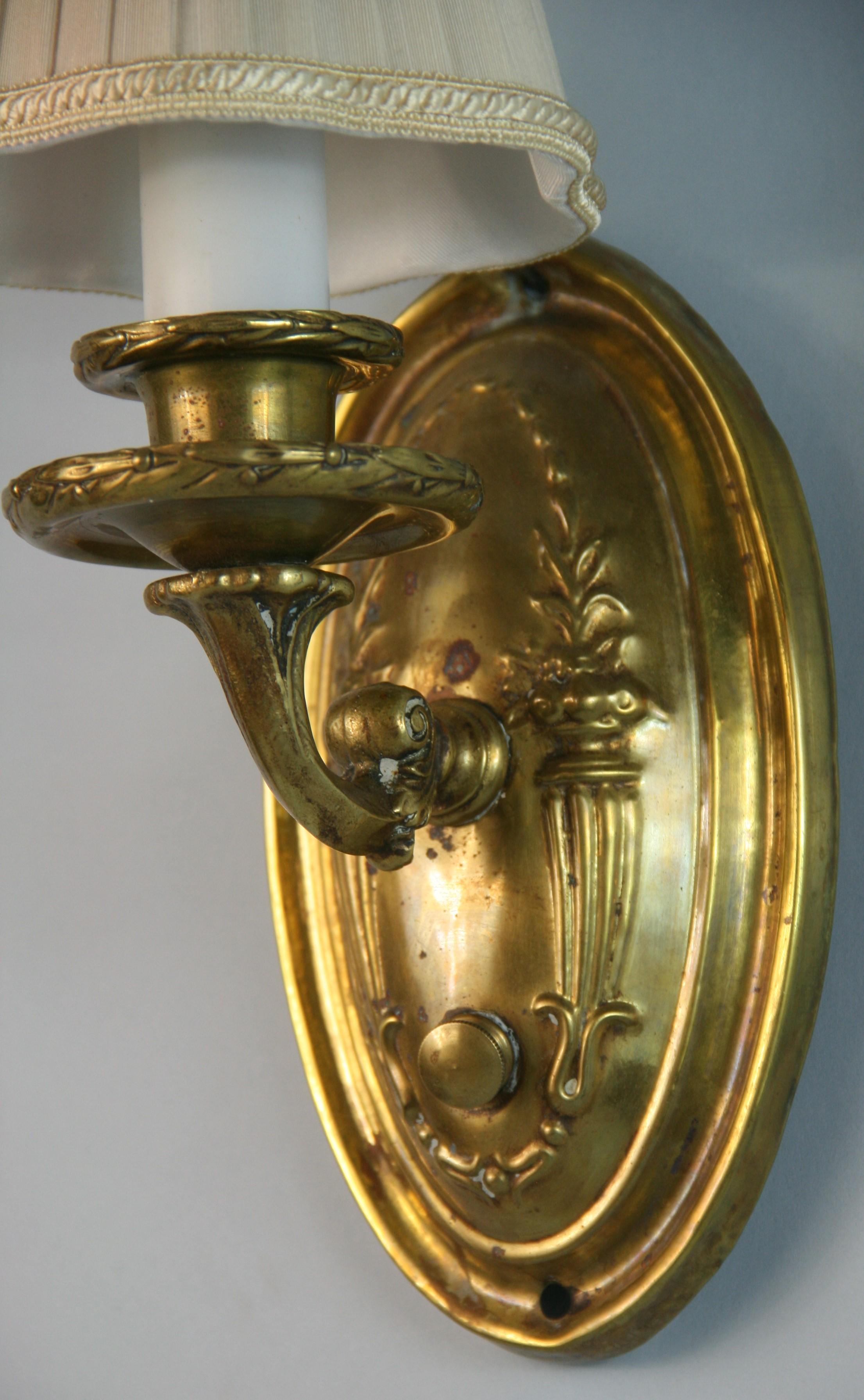Antique French   Repousse Pair  Brass Sconces with Custom Shades, circa 1920 For Sale 3