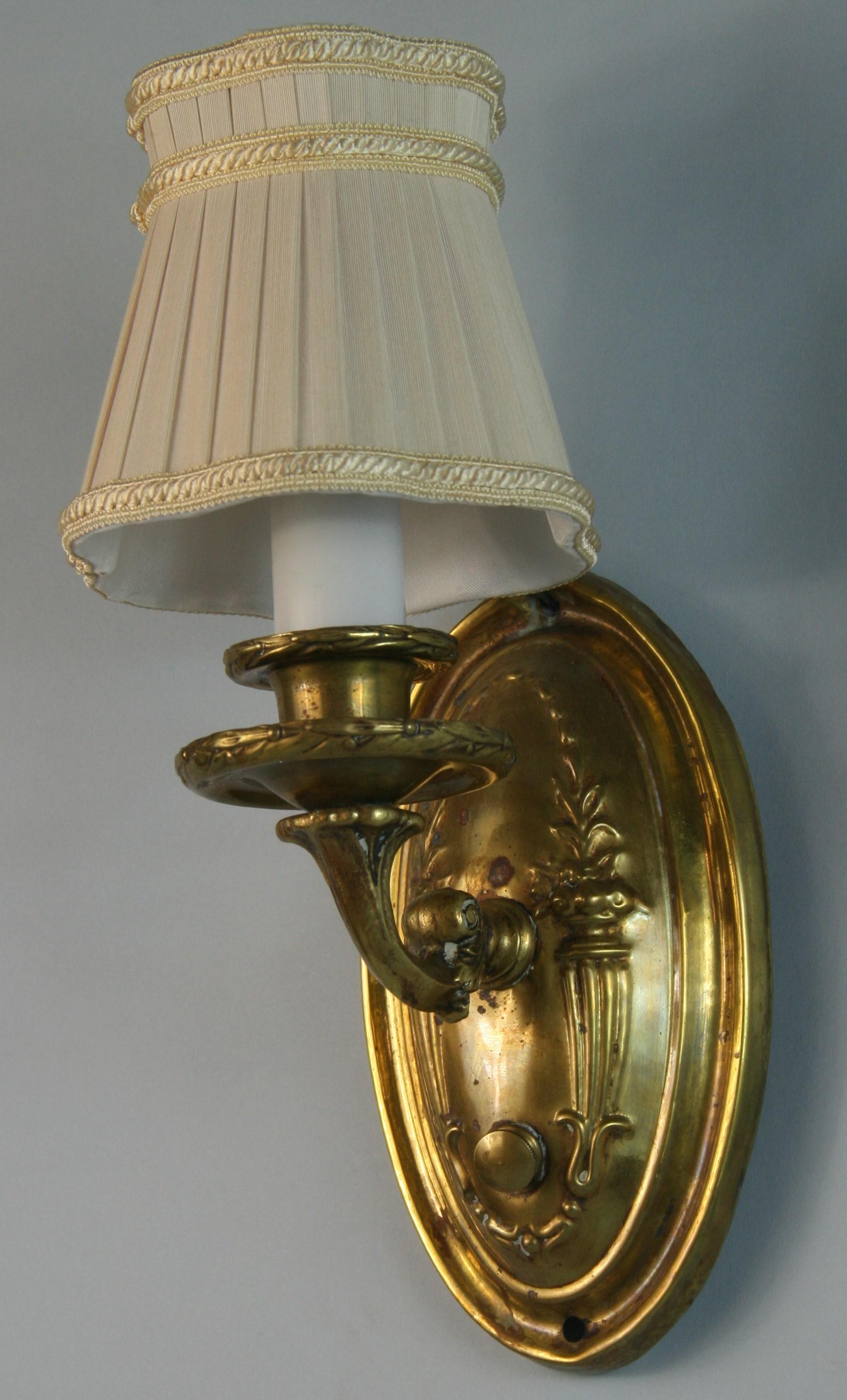 Antique French   Repousse Pair  Brass Sconces with Custom Shades, circa 1920 For Sale 4
