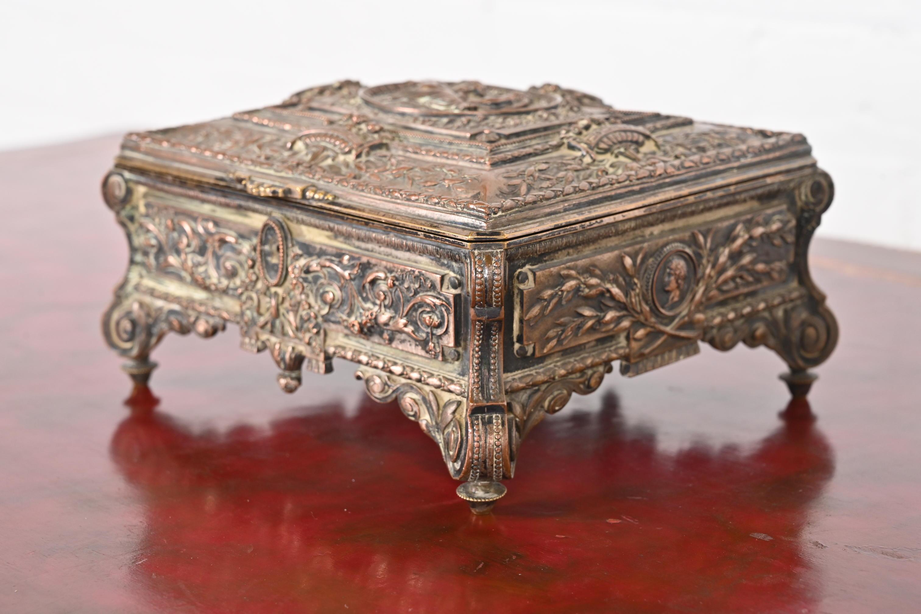 19th Century Antique French Repousse Silver Jewelry Box For Sale