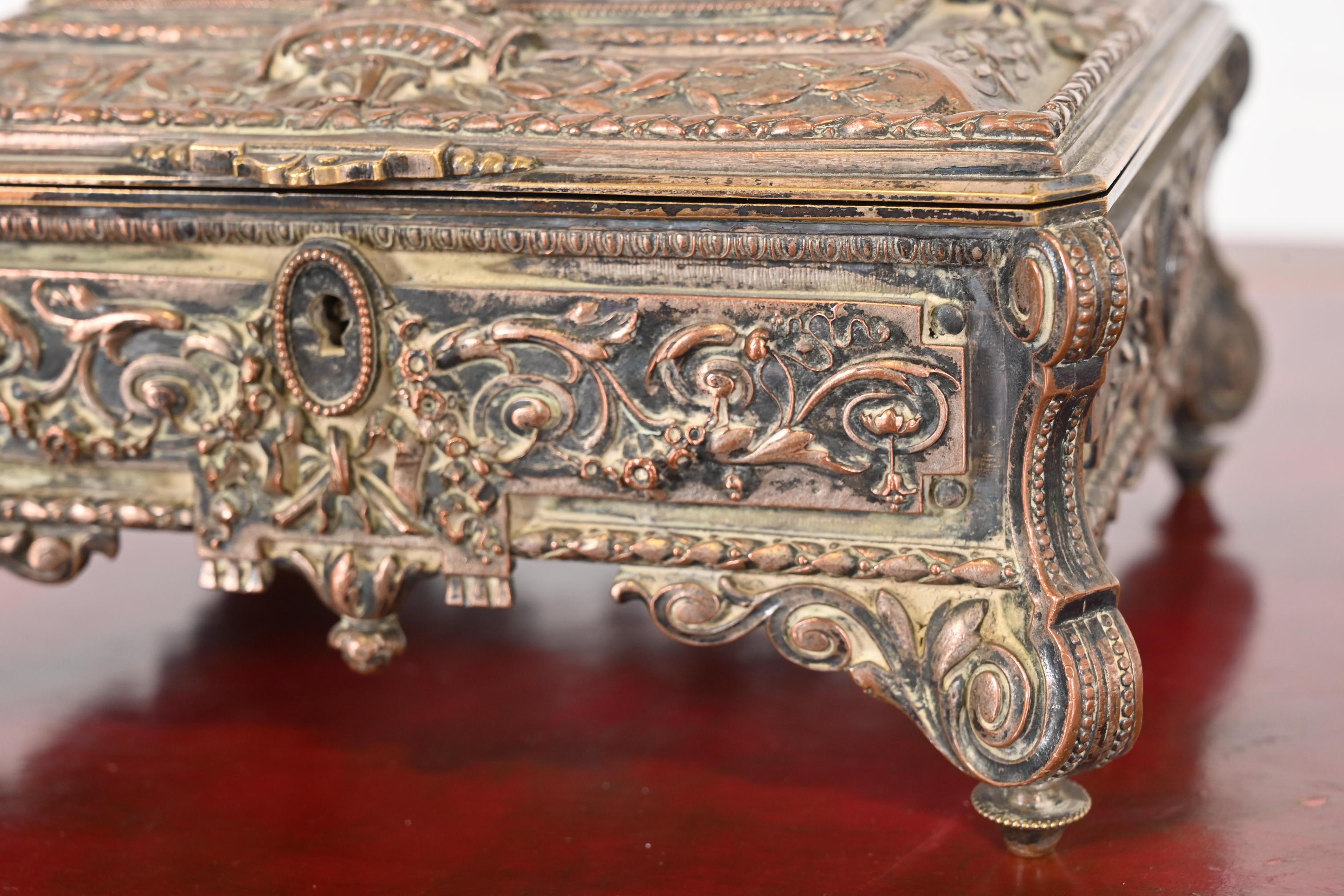 Antique French Repousse Silver Jewelry Box For Sale 3