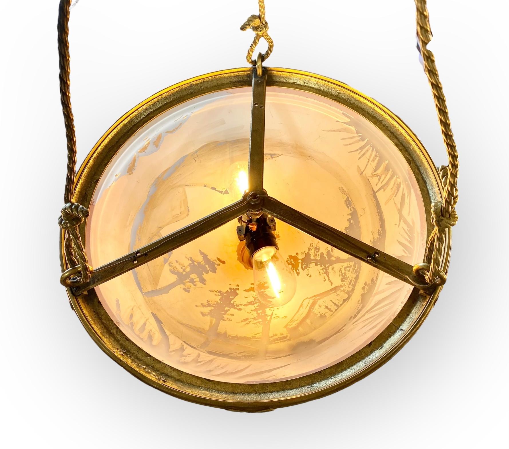 Antique French Reverse Painted Glass And Gilt Bronze Pendant Chandelier For Sale 5