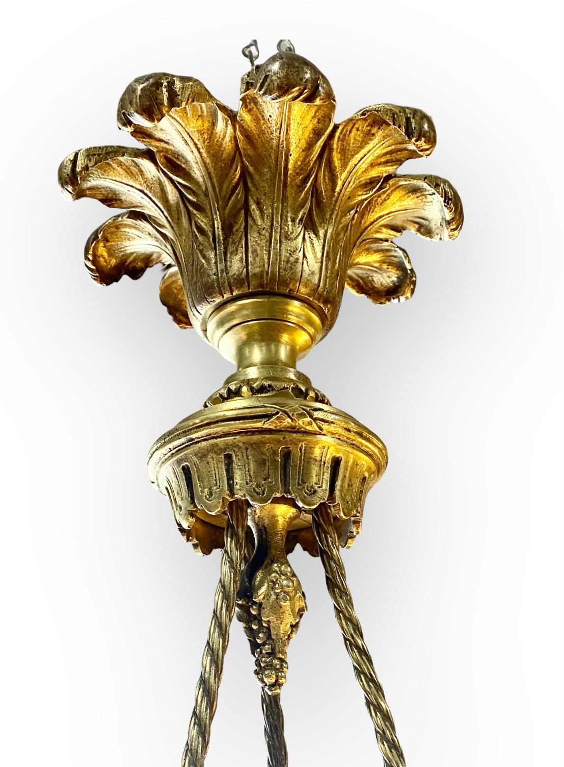 Antique French Reverse Painted Glass And Gilt Bronze Pendant Chandelier For Sale 6