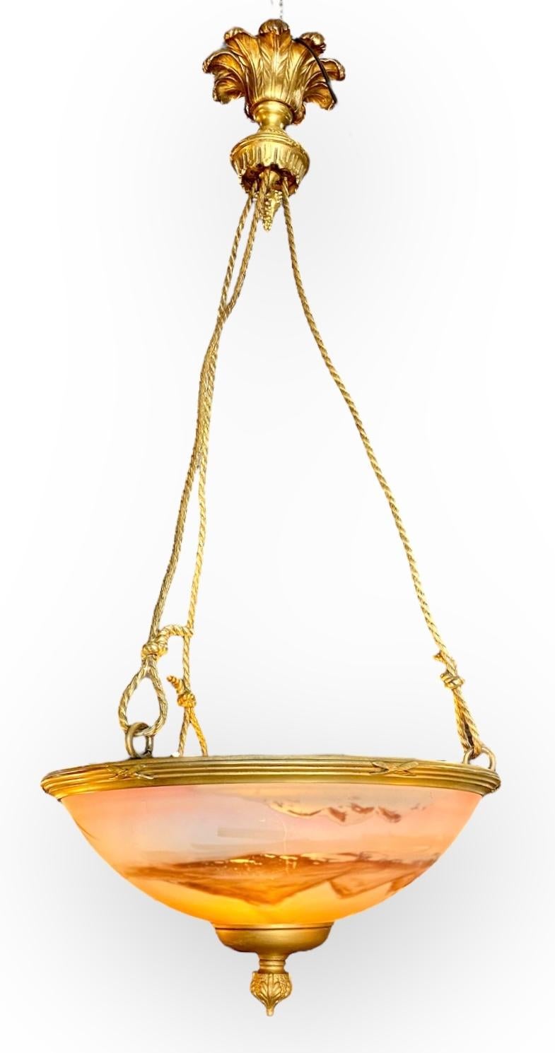 Antique French Reverse Painted Glass And Gilt Bronze Pendant Chandelier For Sale 7