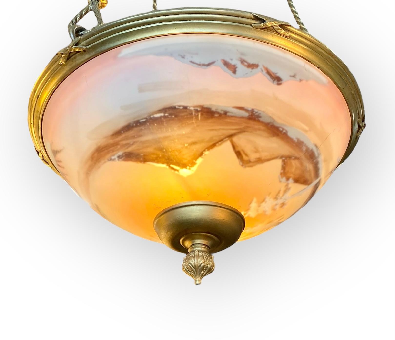 Early 20th Century Antique French Reverse Painted Glass And Gilt Bronze Pendant Chandelier For Sale