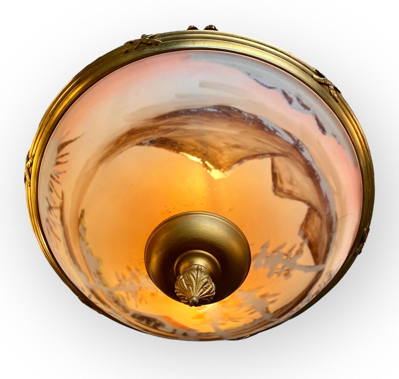 Antique French Reverse Painted Glass And Gilt Bronze Pendant Chandelier For Sale 1