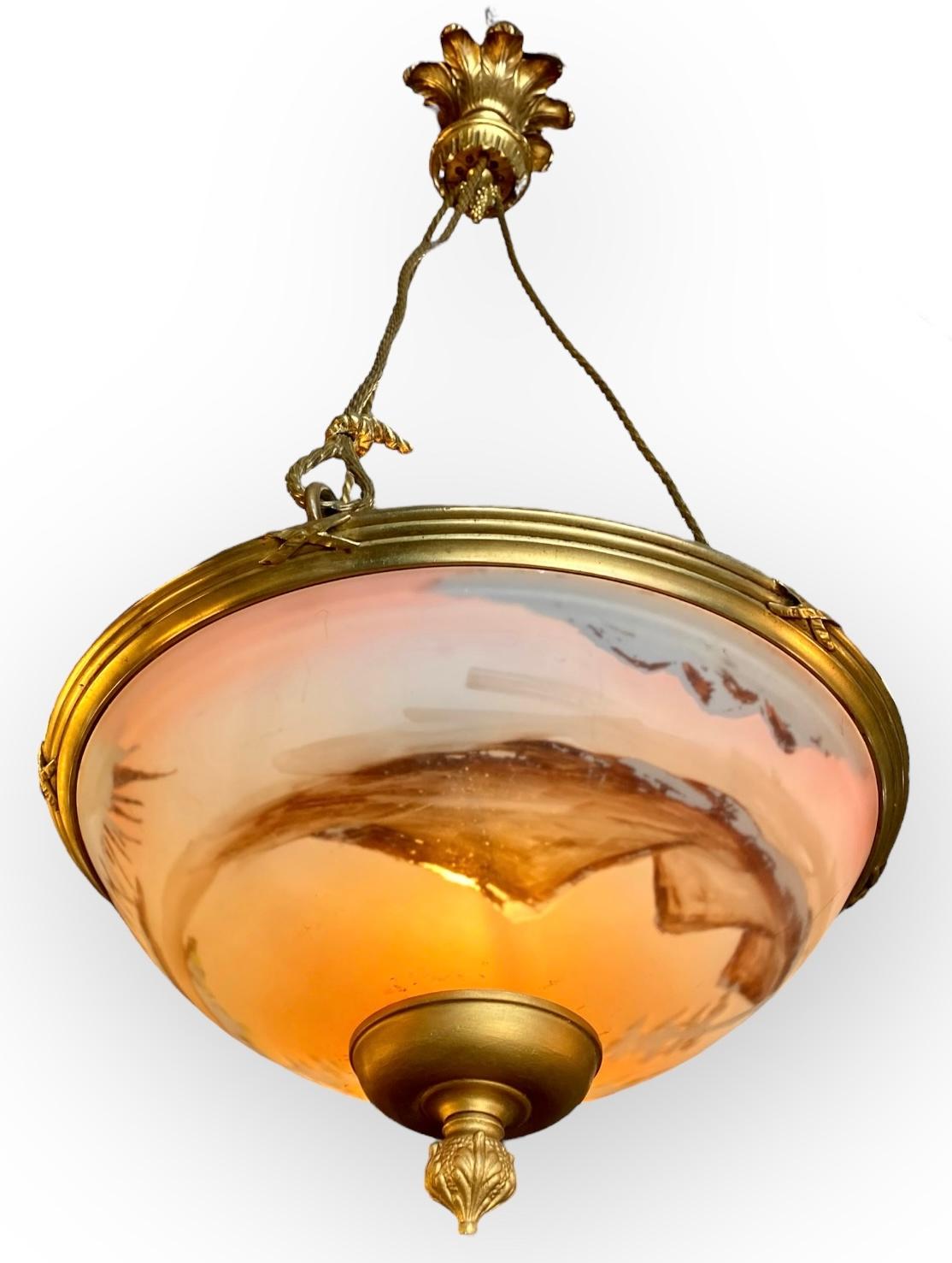Antique French Reverse Painted Glass And Gilt Bronze Pendant Chandelier For Sale 2