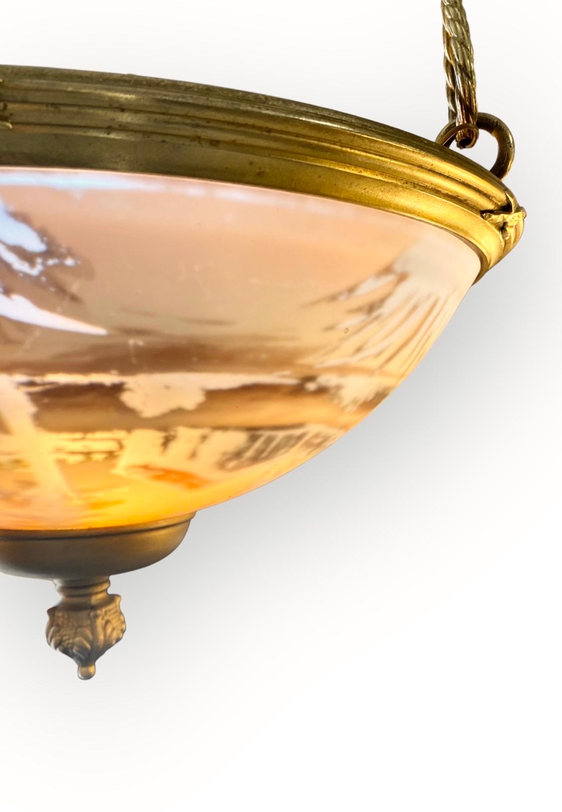 Antique French Reverse Painted Glass And Gilt Bronze Pendant Chandelier For Sale 3