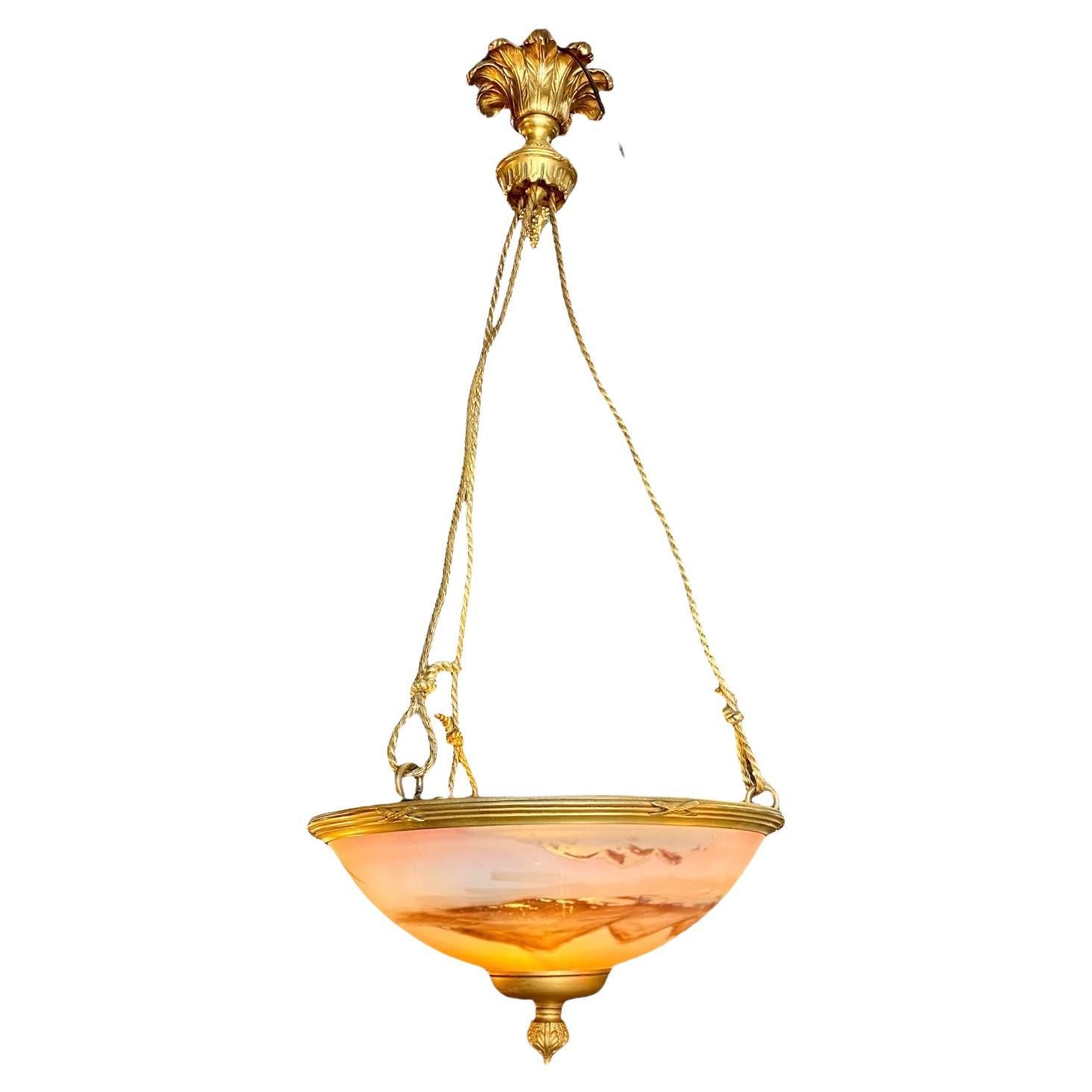 Antique French Reverse Painted Glass And Gilt Bronze Pendant Chandelier For Sale