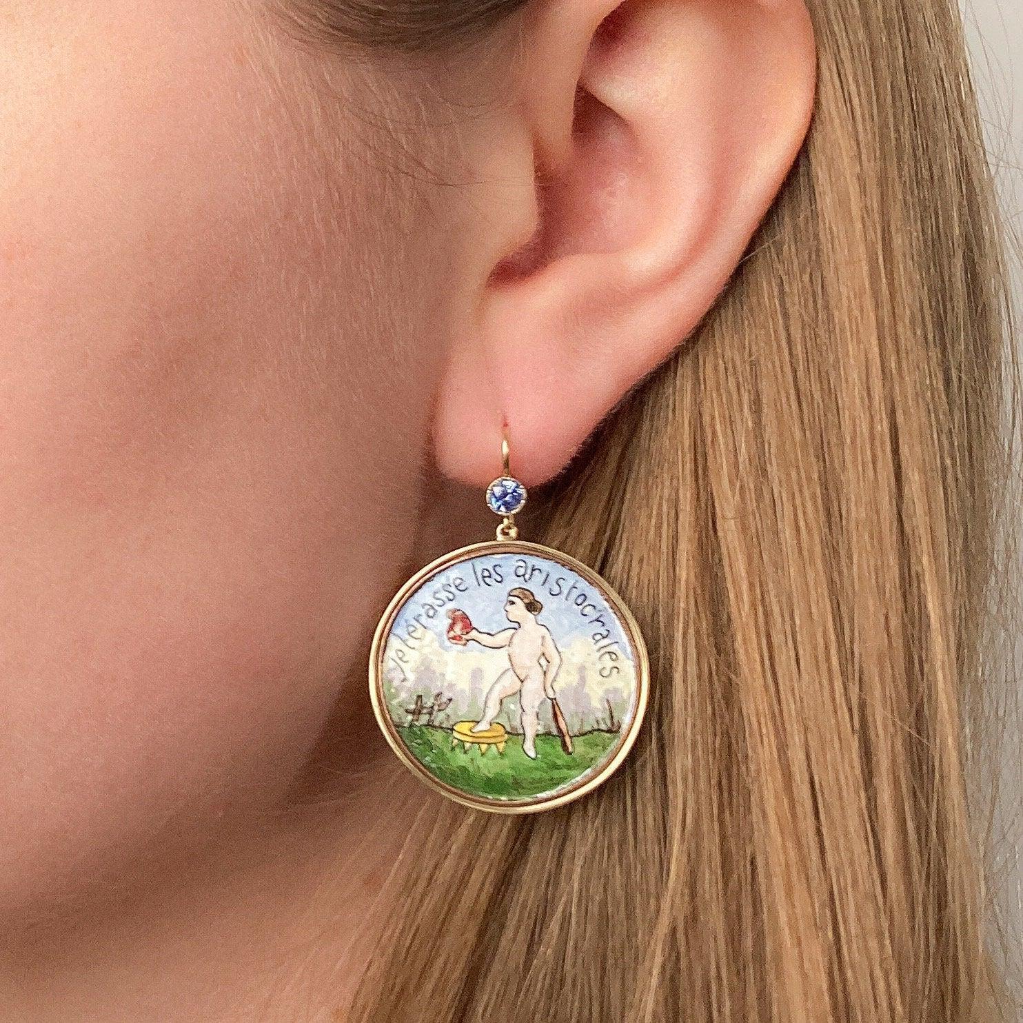 Women's Antique French Revolution Button Earrings of 14k Gold For Sale