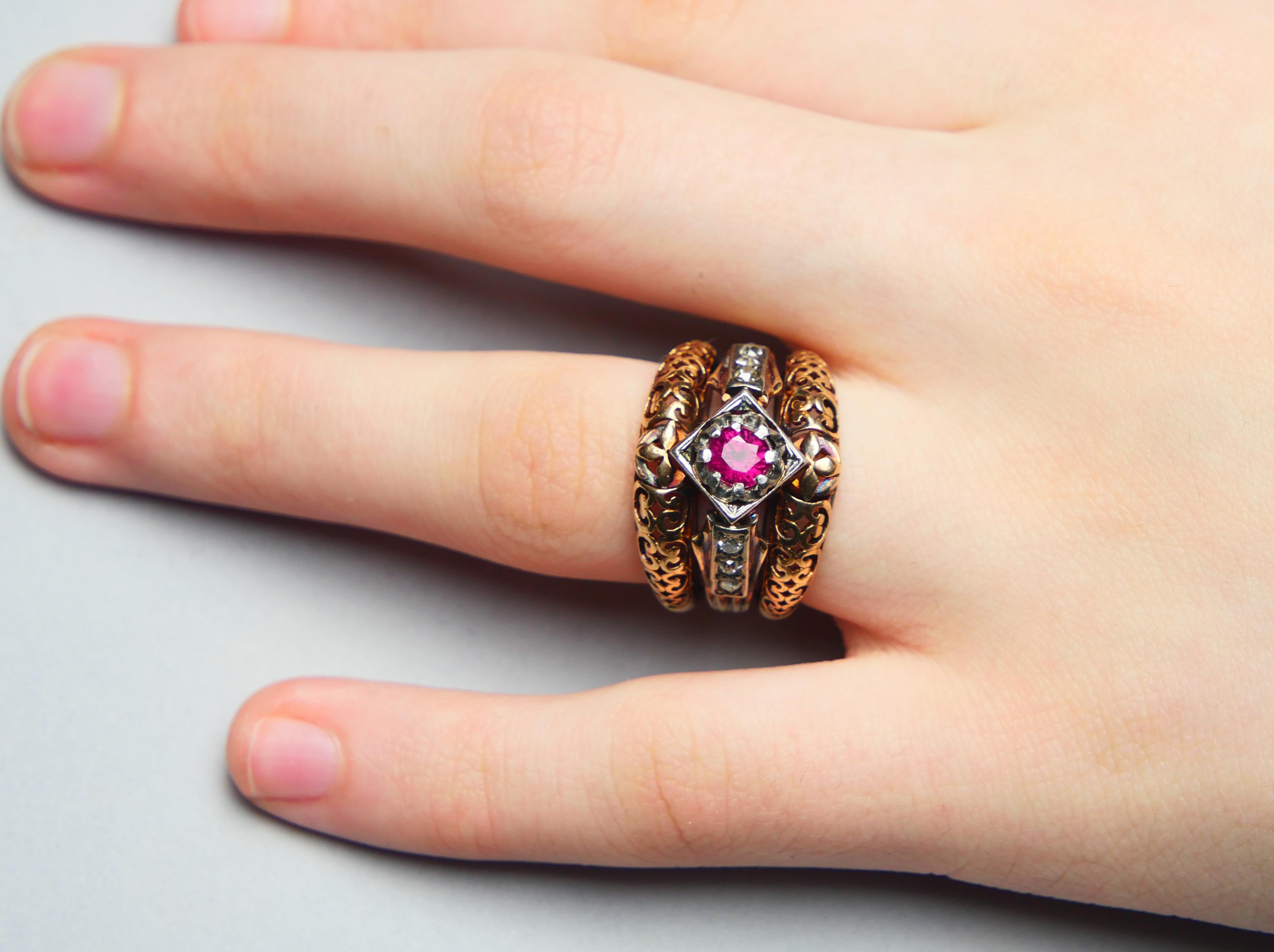Anello Antique French con rubino naturale e diamanti in oro rosa 14K  Ø 6,25US / 12gr in vendita 5