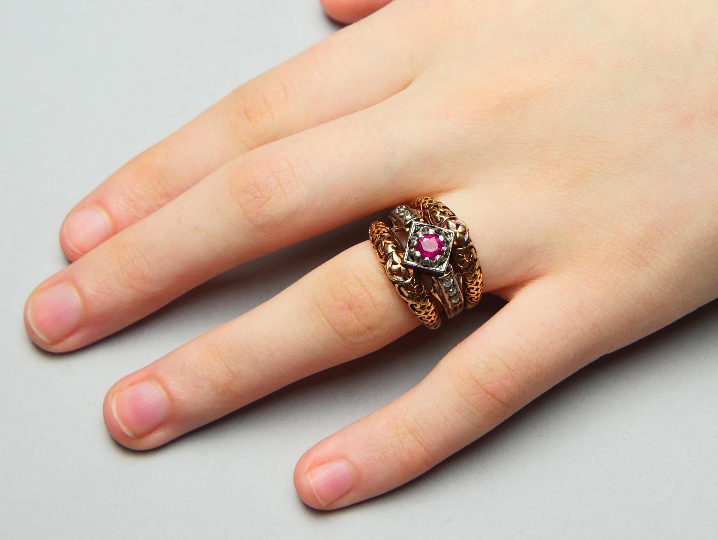 Anello Antique French con rubino naturale e diamanti in oro rosa 14K  Ø 6,25US / 12gr in vendita 6