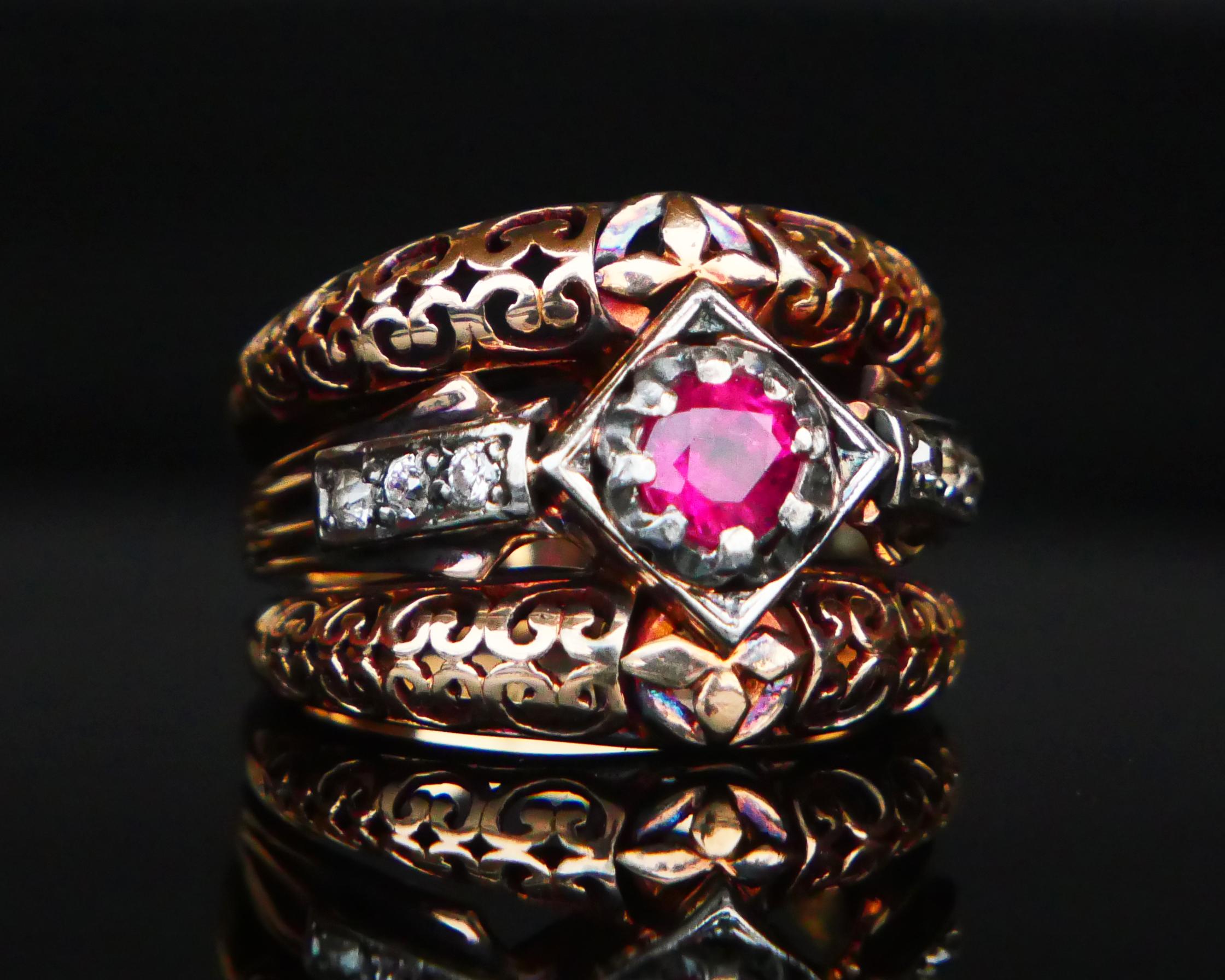 Anello Antique French con rubino naturale e diamanti in oro rosa 14K  Ø 6,25US / 12gr in vendita 10