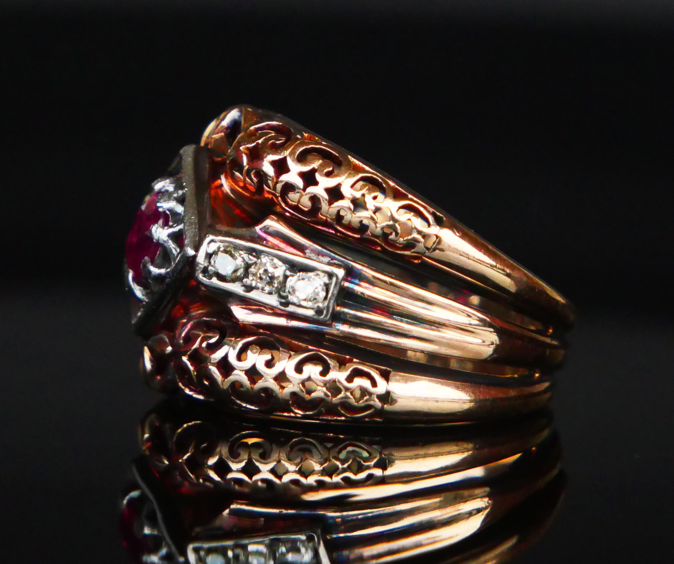 Anello Antique French con rubino naturale e diamanti in oro rosa 14K  Ø 6,25US / 12gr in vendita 11