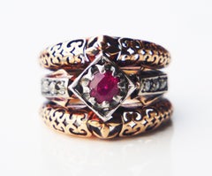Antique French Ring natural Ruby Diamonds solid 14K Rose Gold  Ø 6.25US / 12gr