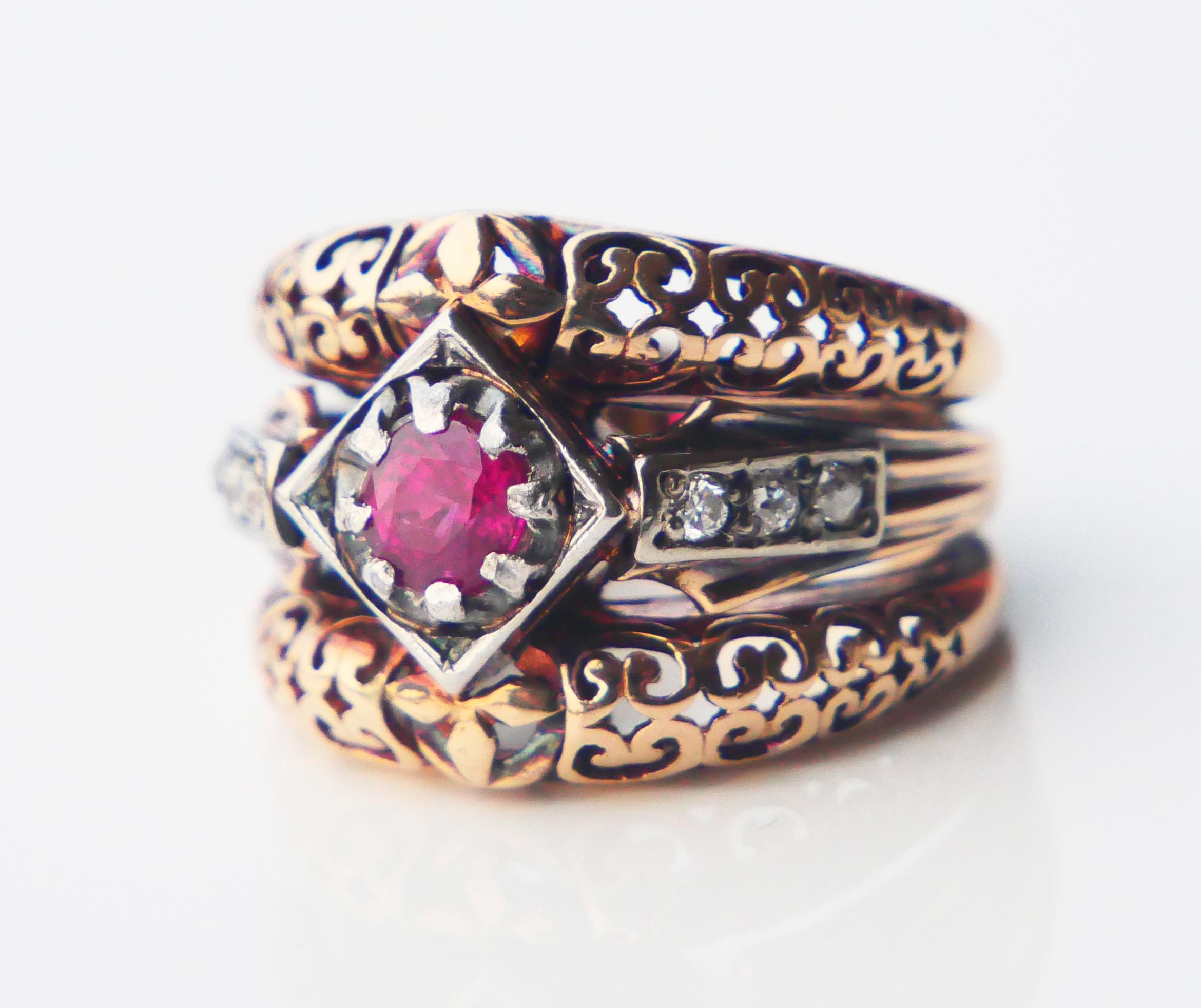 Art Nouveau Anello Antique French con rubino naturale e diamanti in oro rosa 14K  Ø 6,25US / 12gr in vendita