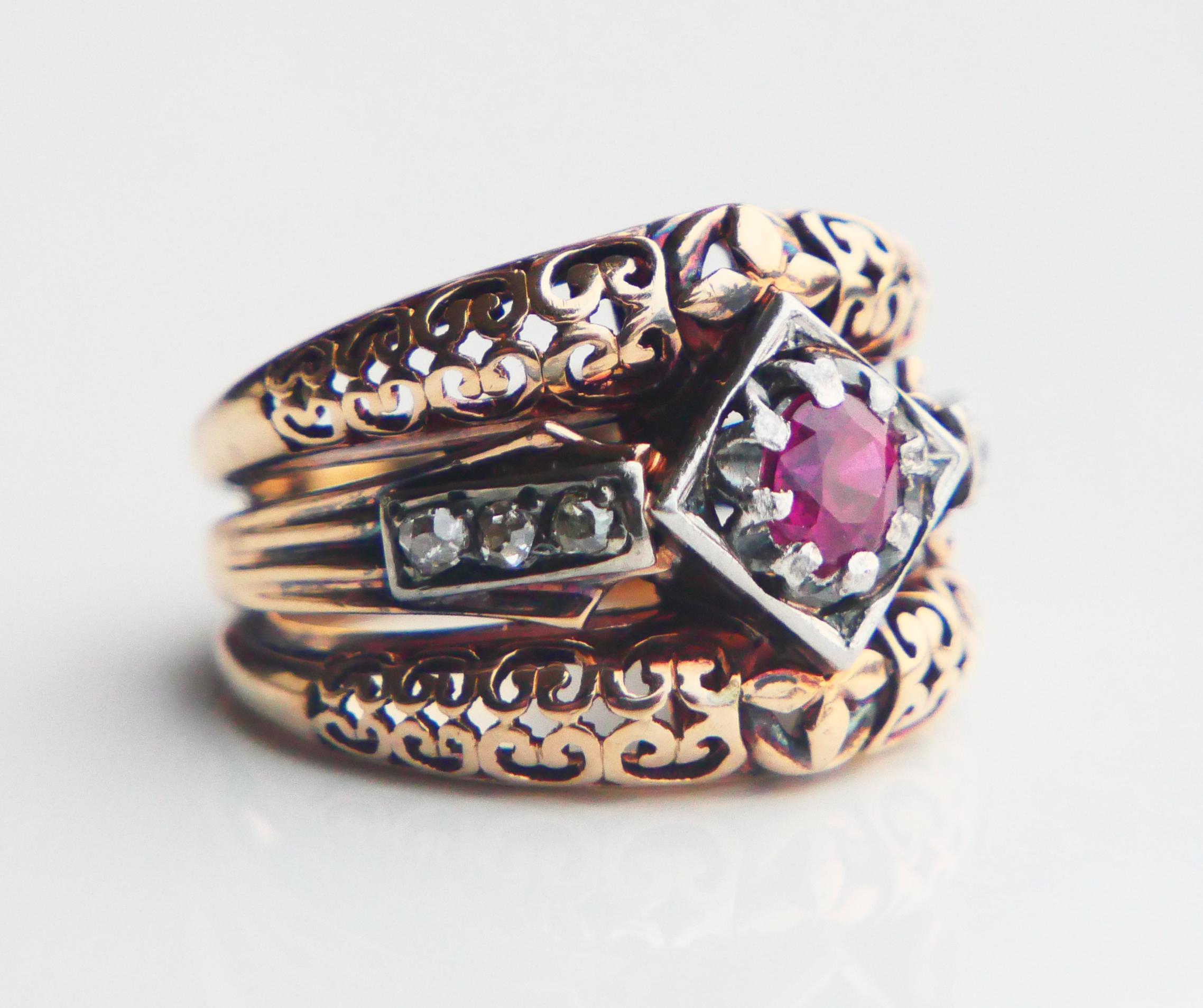 Taglio antico europeo Anello Antique French con rubino naturale e diamanti in oro rosa 14K  Ø 6,25US / 12gr in vendita
