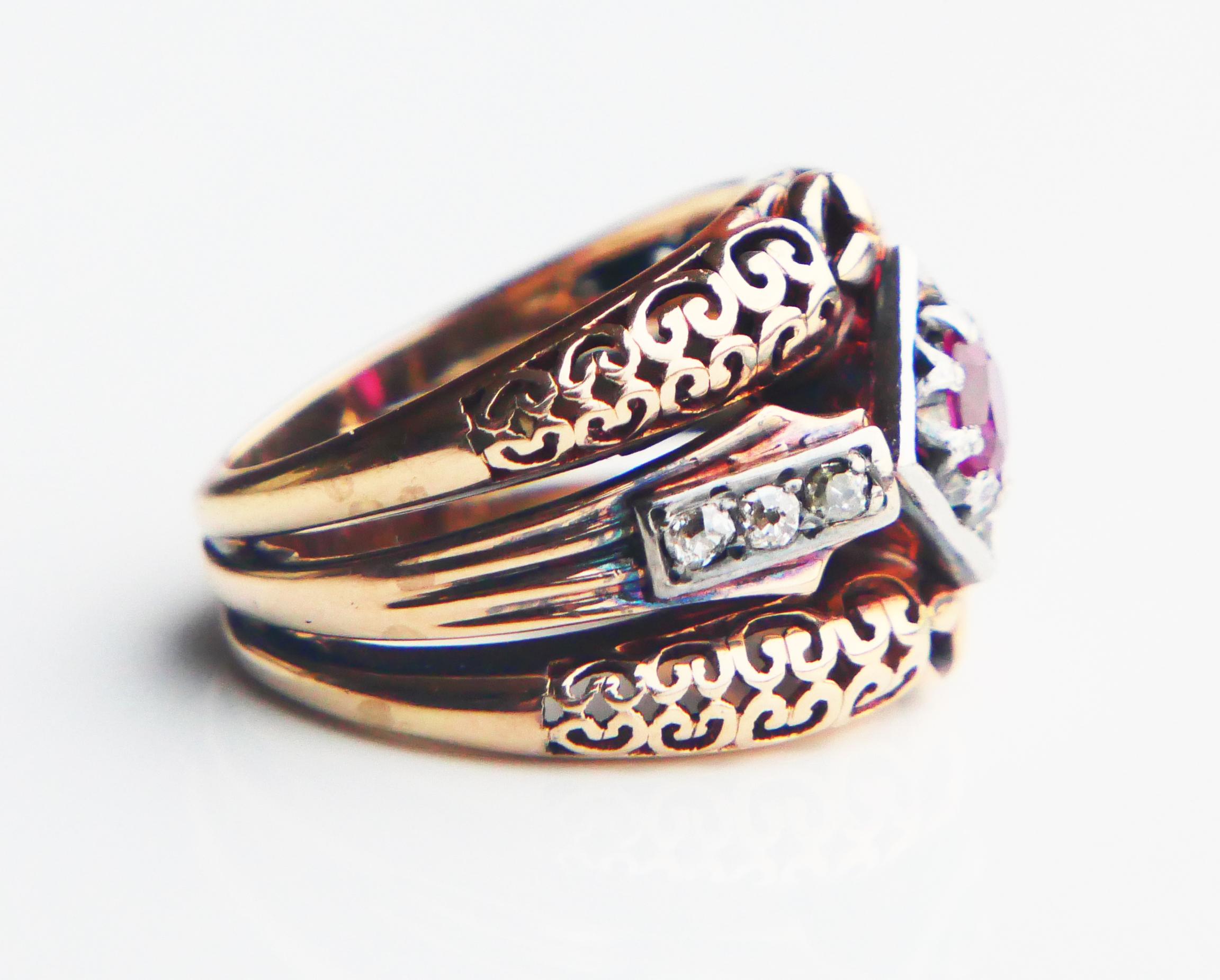 Donna Anello Antique French con rubino naturale e diamanti in oro rosa 14K  Ø 6,25US / 12gr in vendita