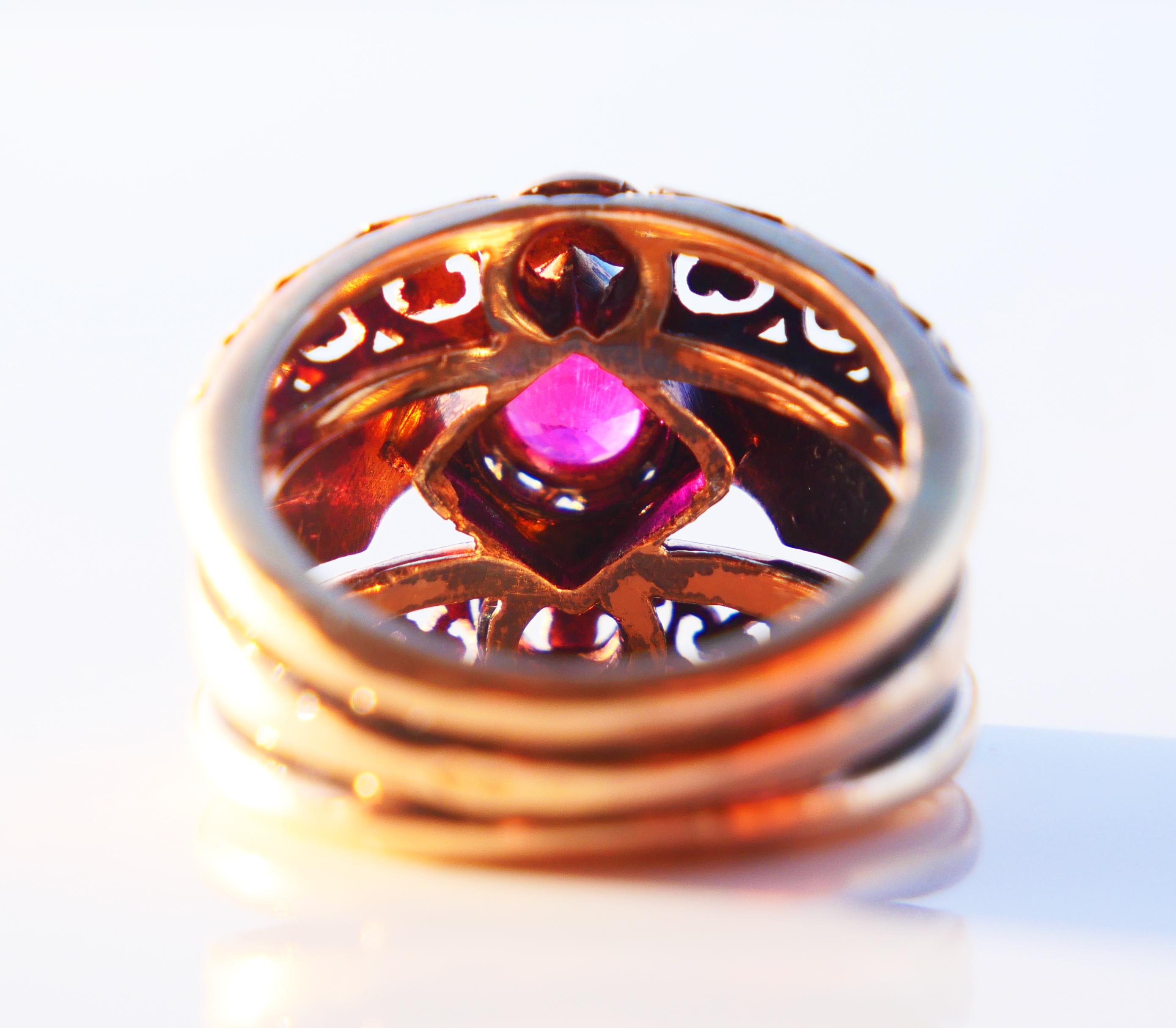 Anello Antique French con rubino naturale e diamanti in oro rosa 14K  Ø 6,25US / 12gr in vendita 1