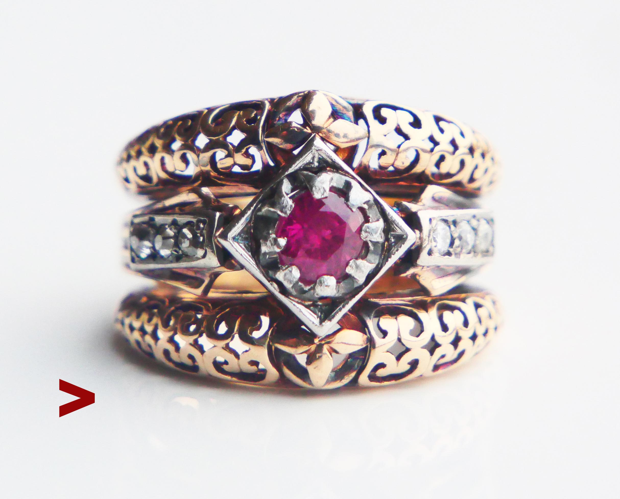 Anello Antique French con rubino naturale e diamanti in oro rosa 14K  Ø 6,25US / 12gr in vendita 4
