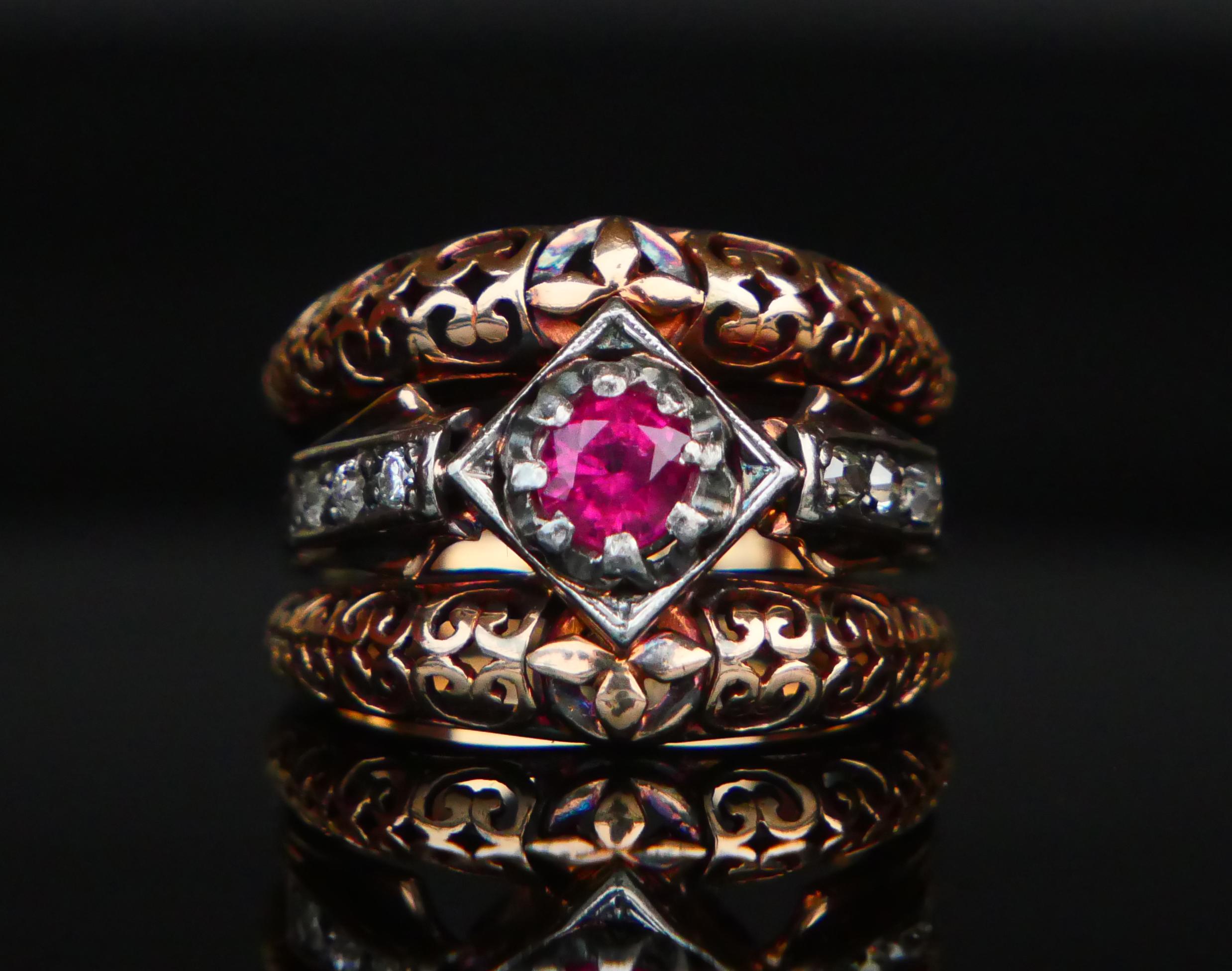 Anello Antique French con rubino naturale e diamanti in oro rosa 14K  Ø 6,25US / 12gr in vendita 9