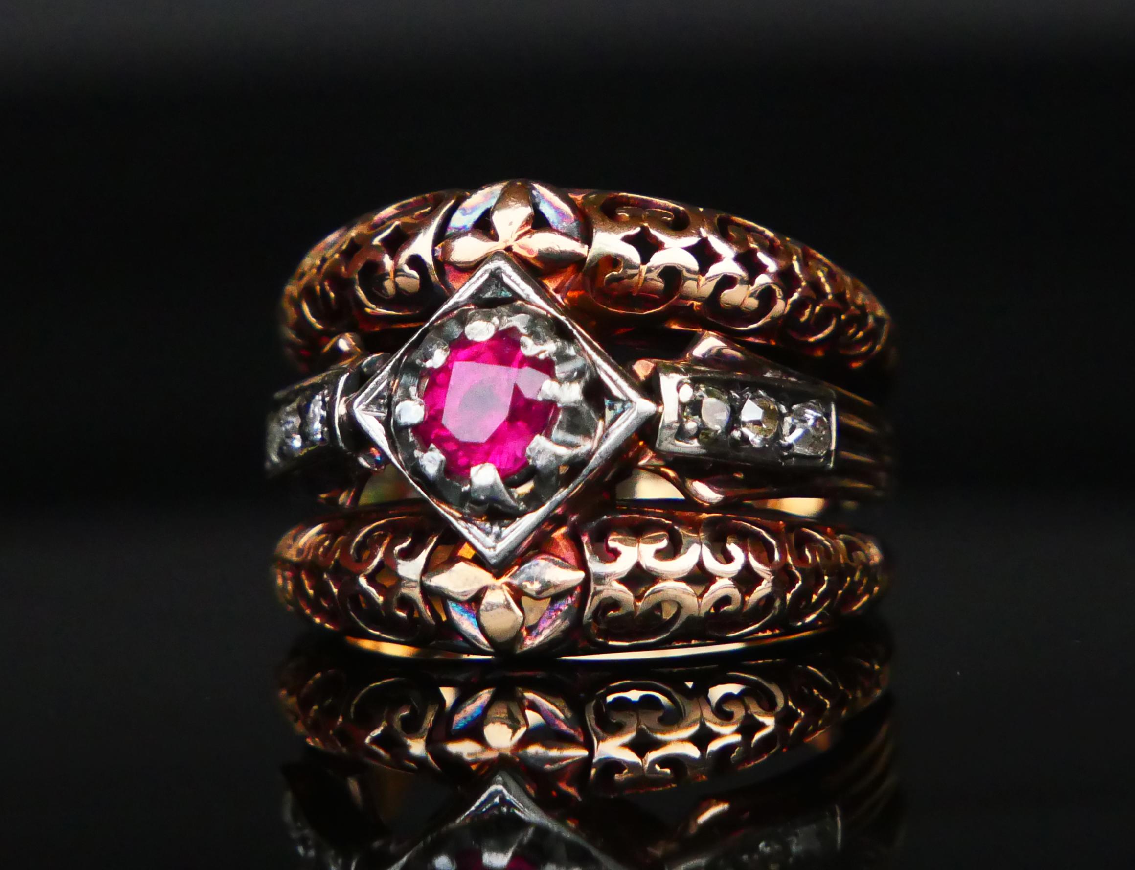 Anello Antique French con rubino naturale e diamanti in oro rosa 14K  Ø 6,25US / 12gr in vendita 8