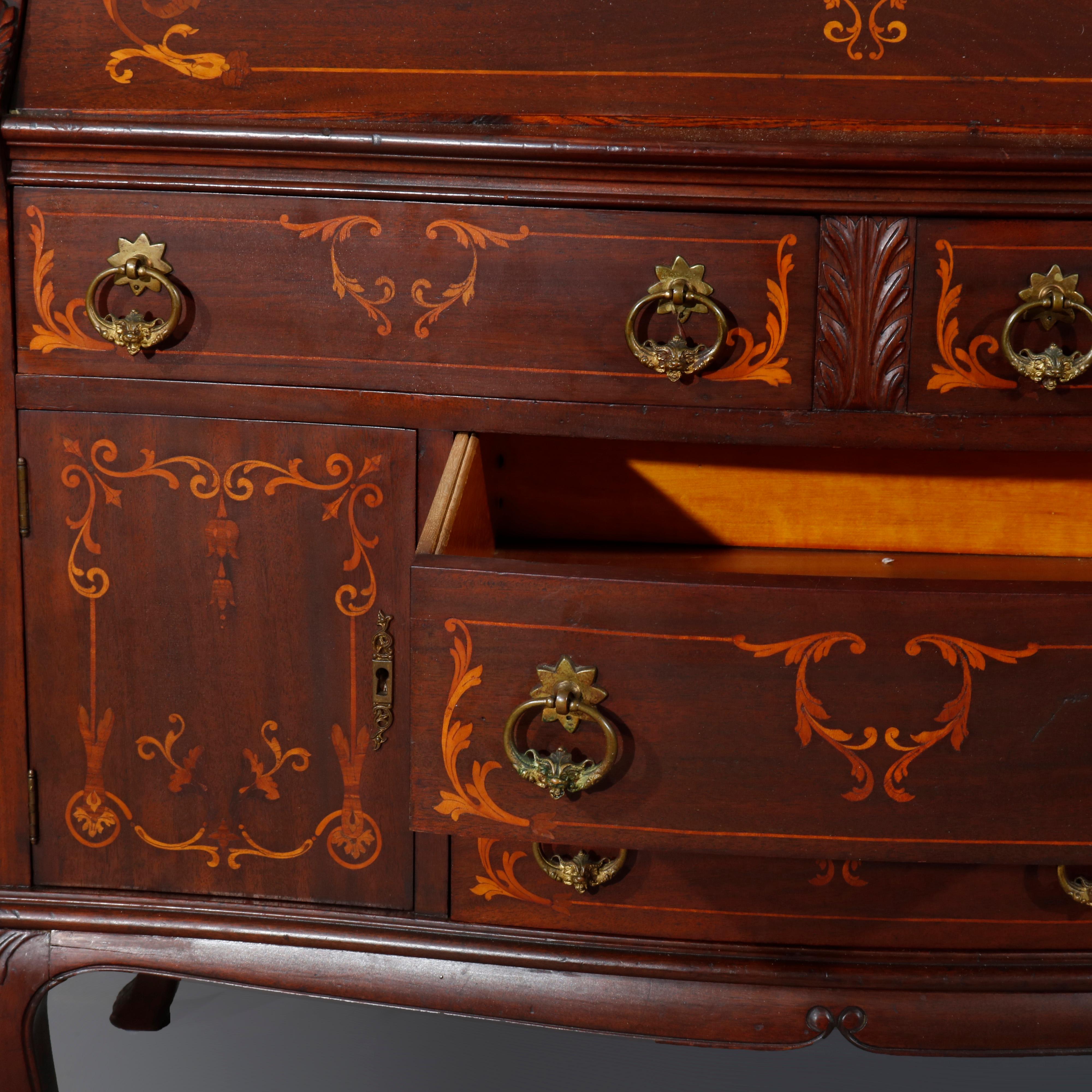 French RJ Horner Style Mahogany and Satinwood Inlaid Drop Front Desk, circa 1900 6