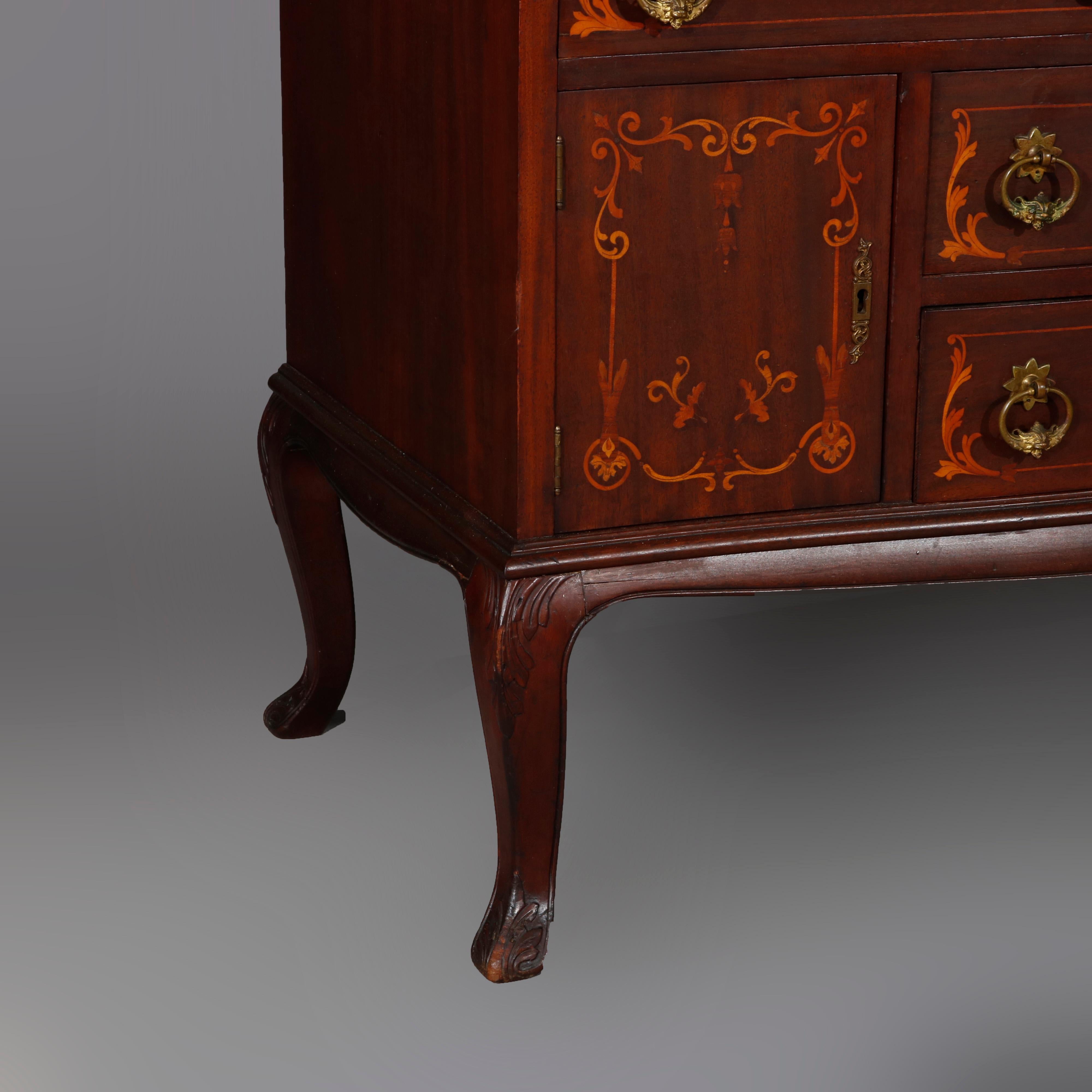French RJ Horner Style Mahogany and Satinwood Inlaid Drop Front Desk, circa 1900 12