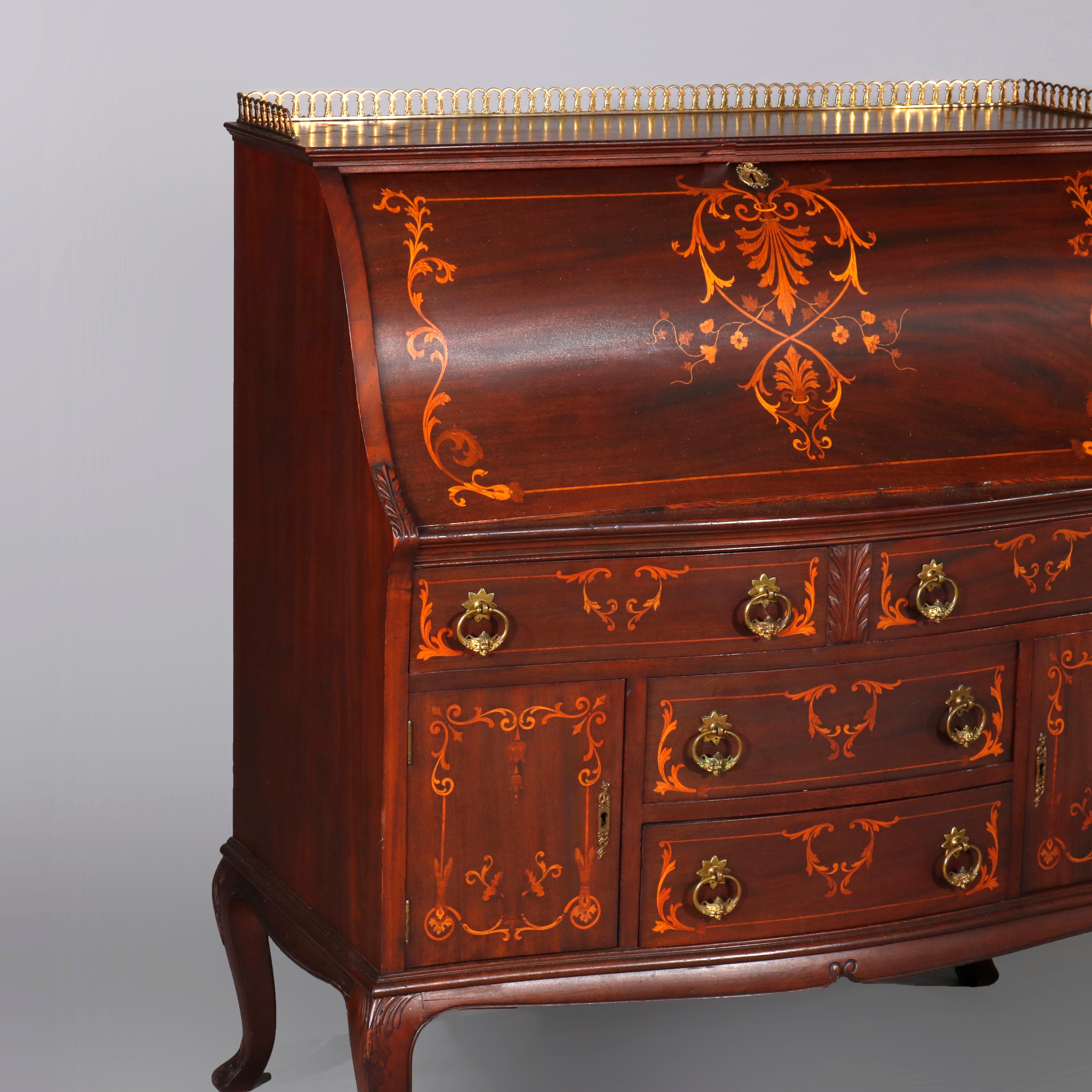 American French RJ Horner Style Mahogany and Satinwood Inlaid Drop Front Desk, circa 1900