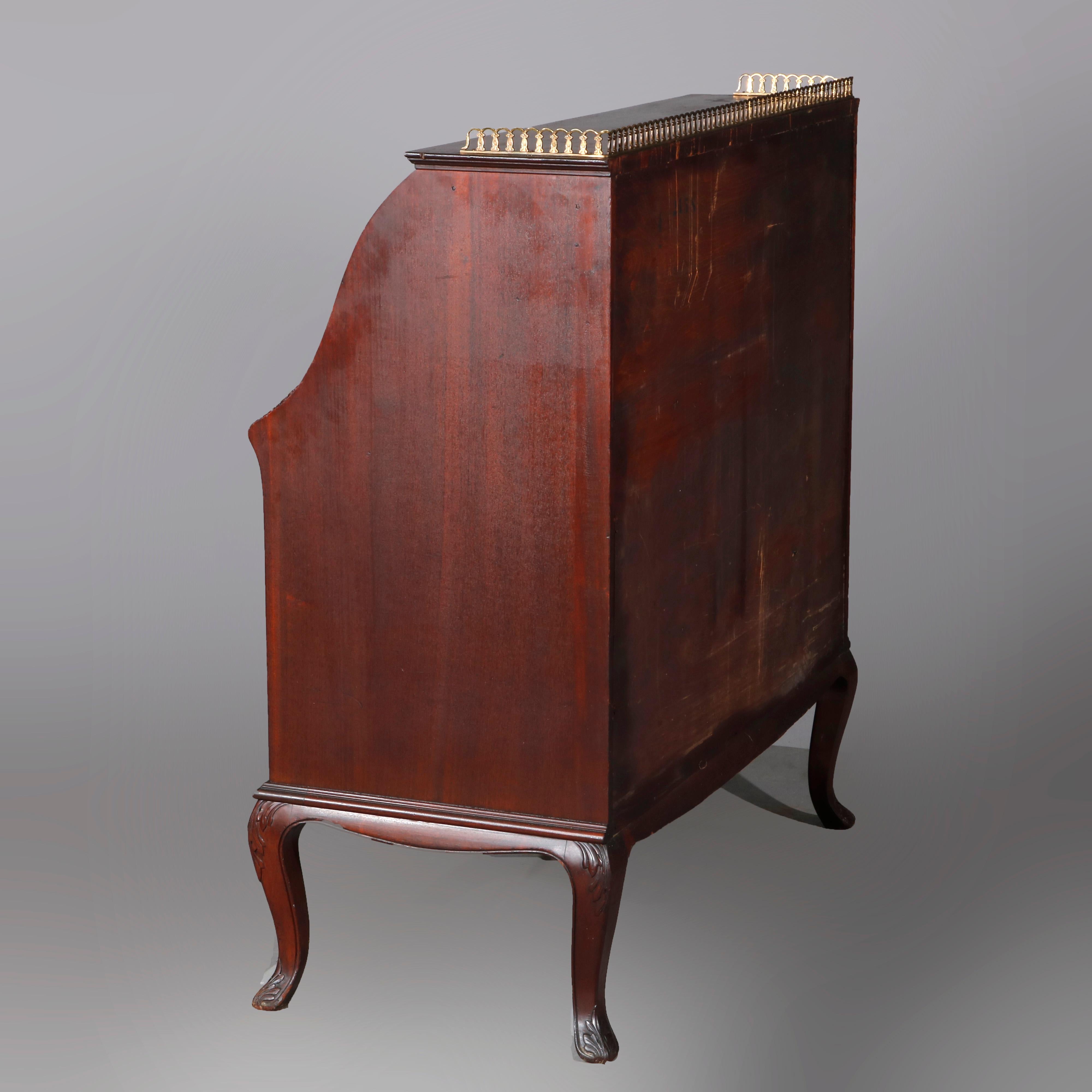 Carved French RJ Horner Style Mahogany and Satinwood Inlaid Drop Front Desk, circa 1900