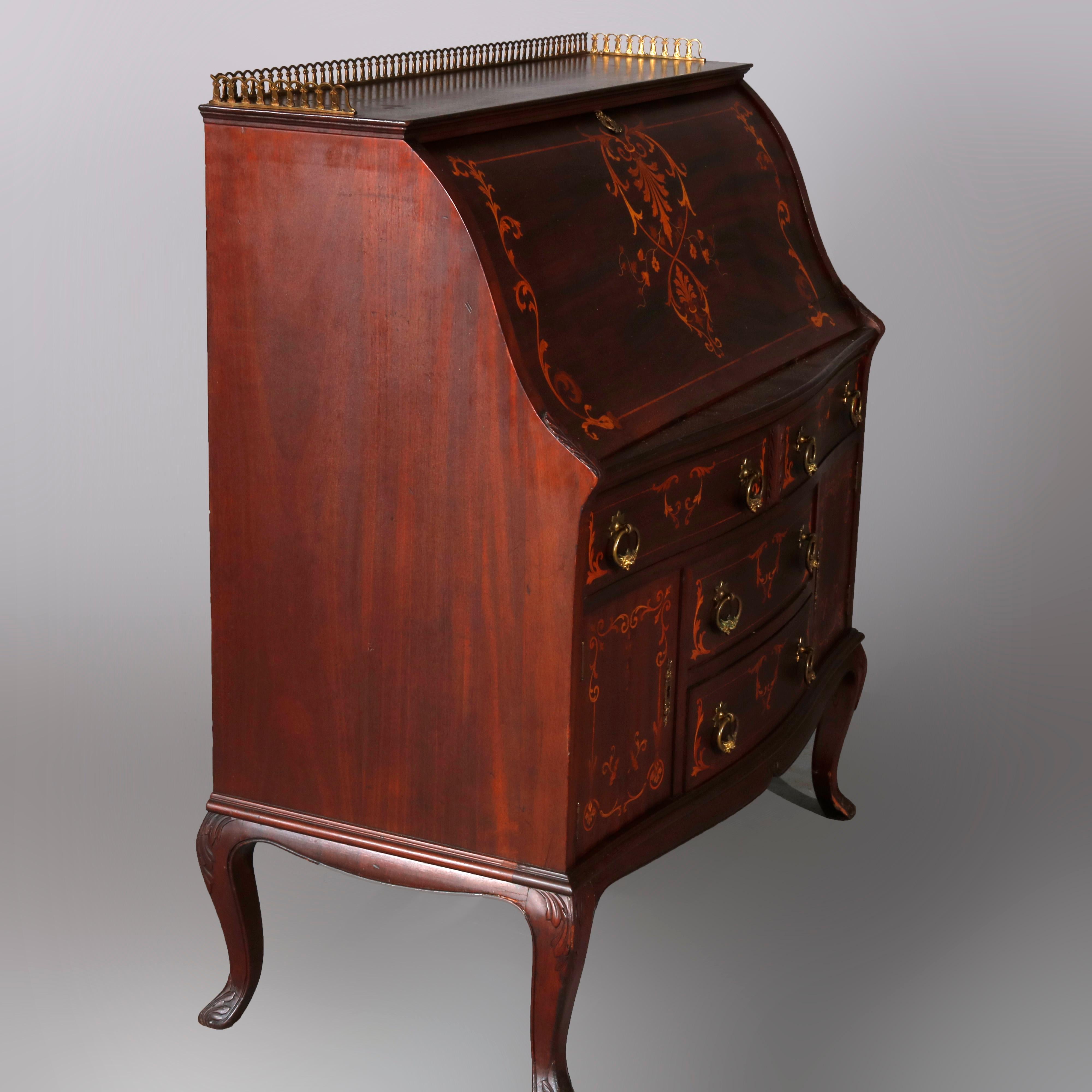 20th Century French RJ Horner Style Mahogany and Satinwood Inlaid Drop Front Desk, circa 1900
