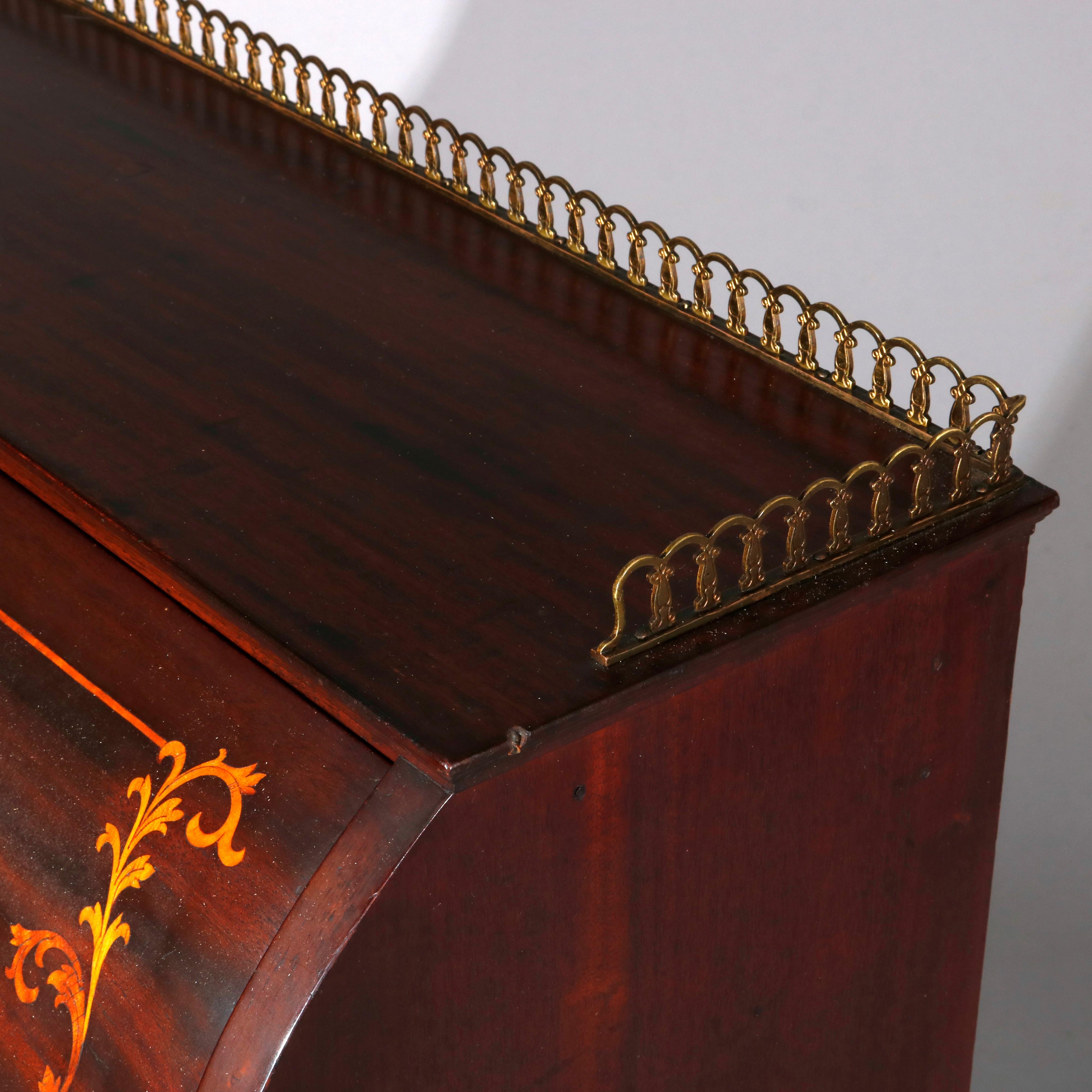 Brass French RJ Horner Style Mahogany and Satinwood Inlaid Drop Front Desk, circa 1900