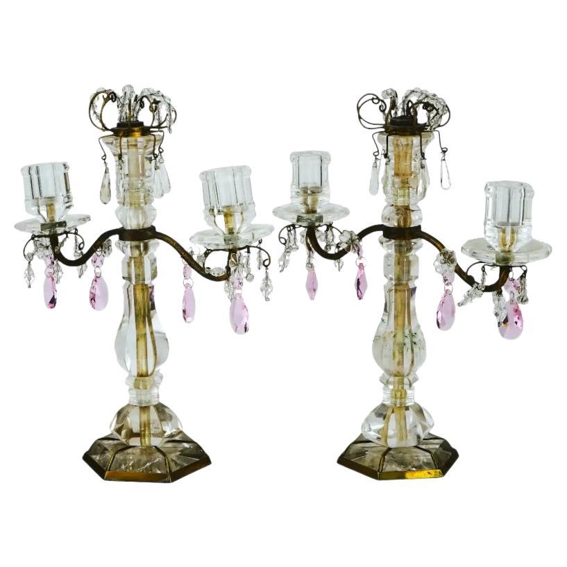 Antique Exceptional Pair of French Rock Crystal Bronze Candelabras Candlestick