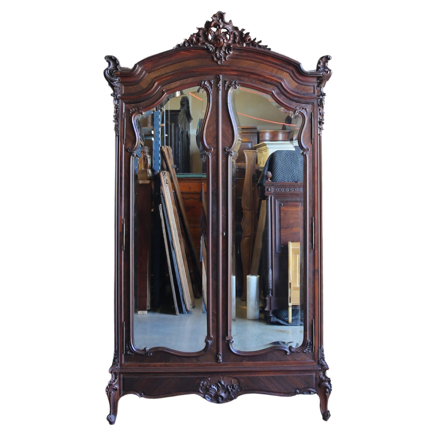Antique French Rococo Armoire ~ Louis XV 2 Door Armoire ~ Mirrored Door Armoire For Sale